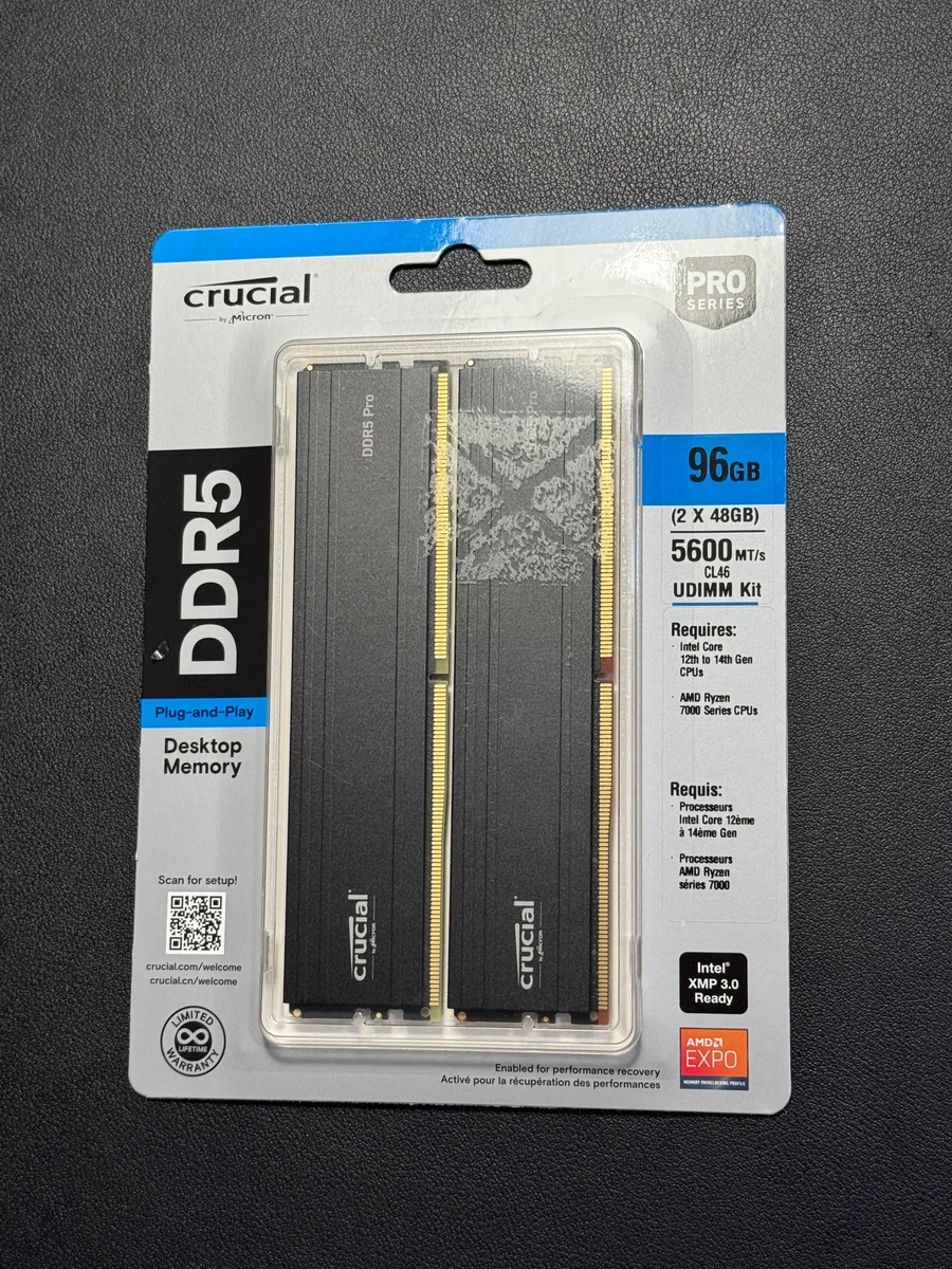 Our photo of the Crucial Pro 96GB kit packaging with two 48GB DDR5-5600 modules